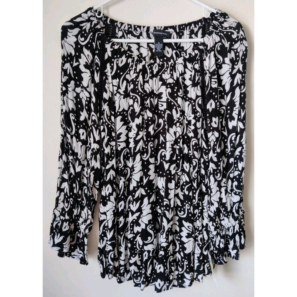 INC International Concepts Snow Flower Print Peasant Top Black/White Size‎ M NWT